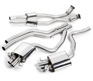 Non-resonated (louder). Uses OE tailpipe trims