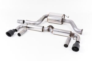  Resonated (quieter). Cerakote Black Tips. Only for vehicles without the factory Front silencer seen on cars with V-band fitment turbo flange.