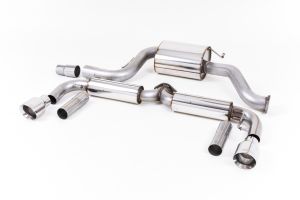  Resonated (quieter). Polished Tips. Only for vehicles without the factory Front silencer seen on cars with V-band fitment turbo flange.